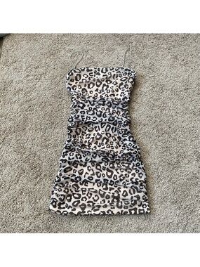 Leopard Print Ruched Mini Dress - Beige/Black